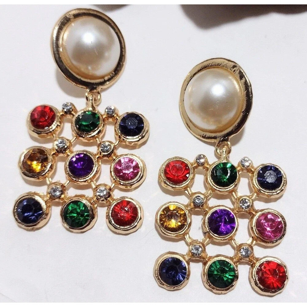 BIG Vintage 90s Color Block Pearl Gold tone Statement Earrings
